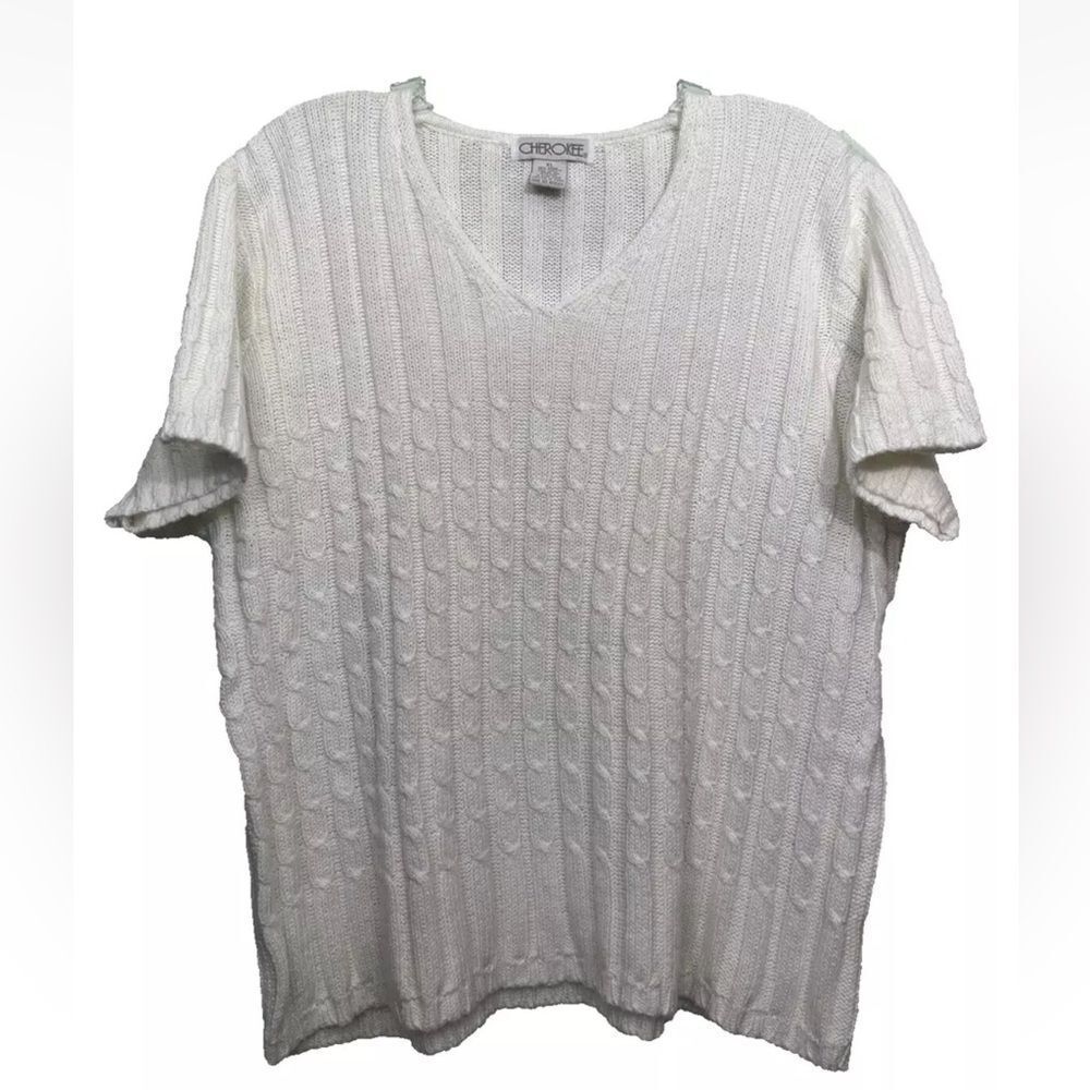 Rare Vintage 90s CHEROKEE Sweater Short Sleeve XL Womens Ramie Cream CableKnit